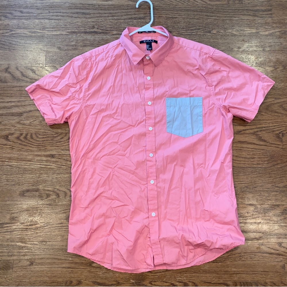 Forever 21 Short Sleeve Button Down Shirt Mens Size Large Salmon Red Gray Pocket
